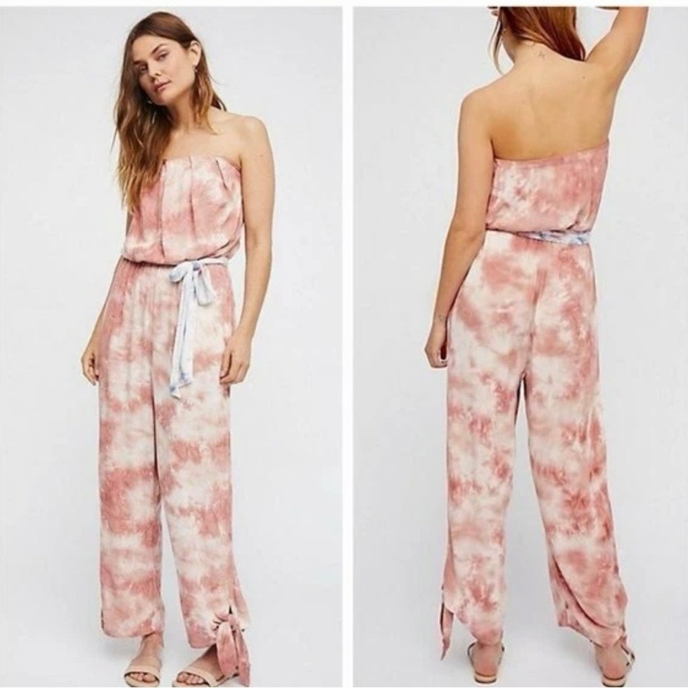 Medium Free people just float tie dye strapless jumpsuit pants belt pink white